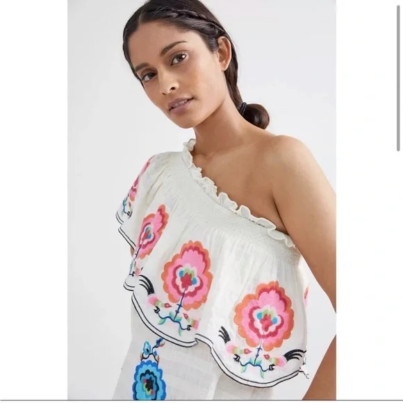 ANTHROPOLOGIE White Floral Embroidered Pullover One Shoulder Maxi Dress M - Picture 3 of 12